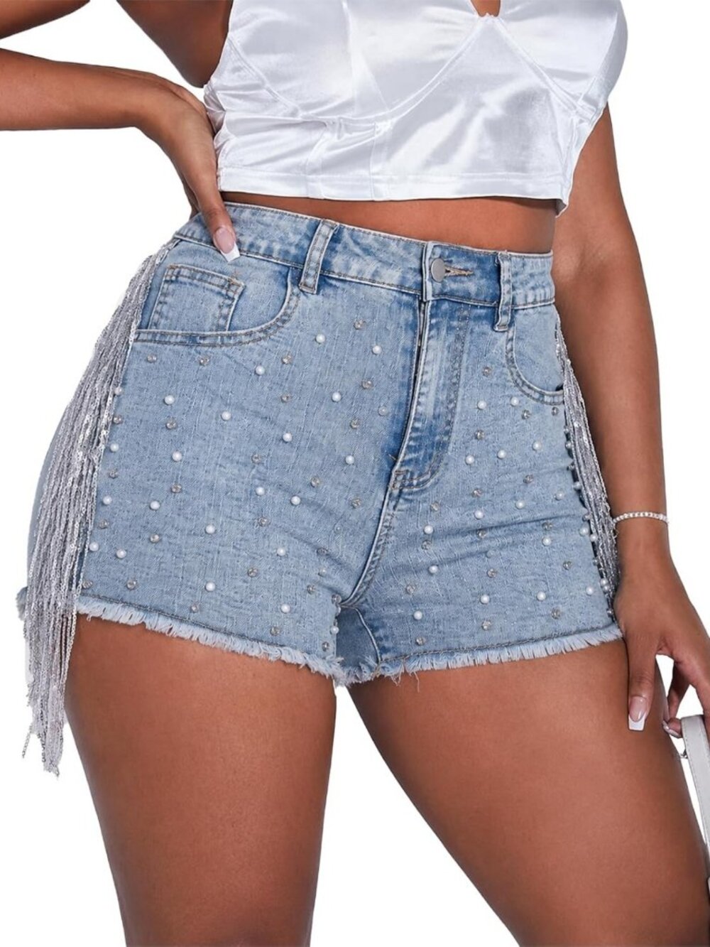 High Waisted Ripped Denim Shorts with Rhinestones, Fringe & Beaded Tassels